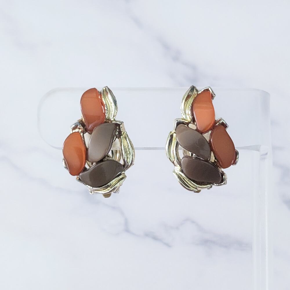 Vintage Clip On Earrings Orange, Brown, Gold Tone Fall Theme Statement